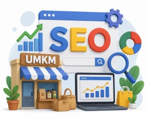 Gambar sebuah design umkm bertuliskan SEO - Mentor Juara